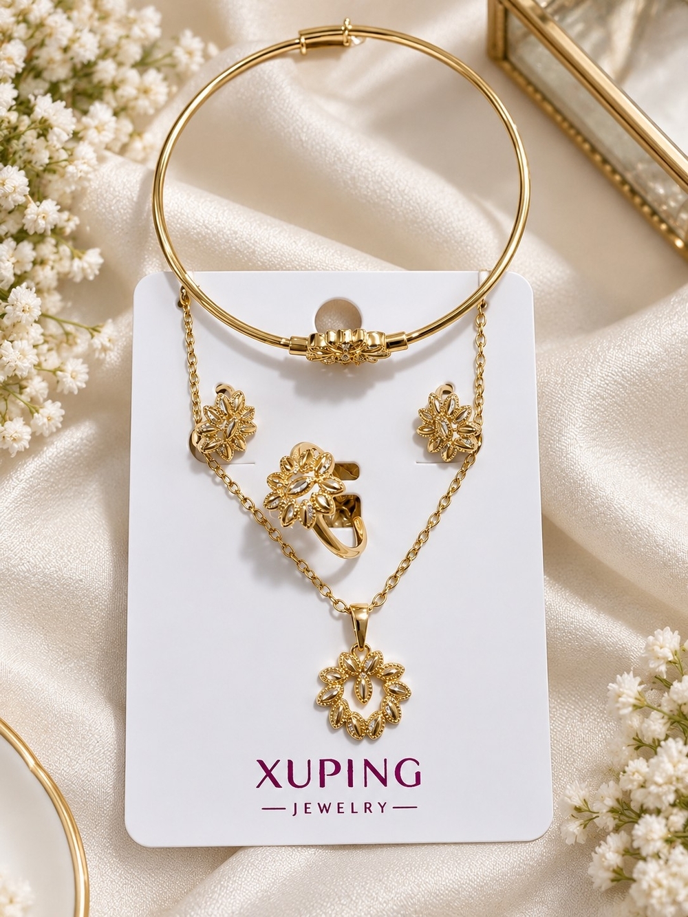 Xuping Kids Gold Floral Jewelry Set – Necklace, Bracelet, Ring & Earrings